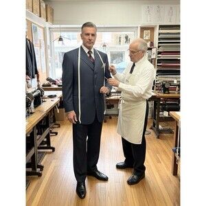 VERSINI European Men Suit 46R 40x31 Navy Striped 100% Wool Jacket Pants Set